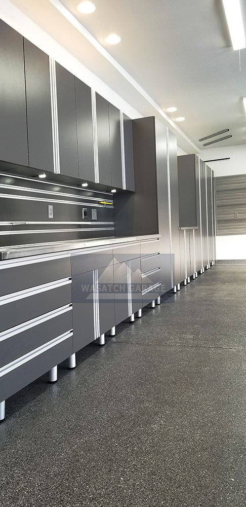 Garage-Utah-gray-wood-cabinets-Stainless-Steel-countertop