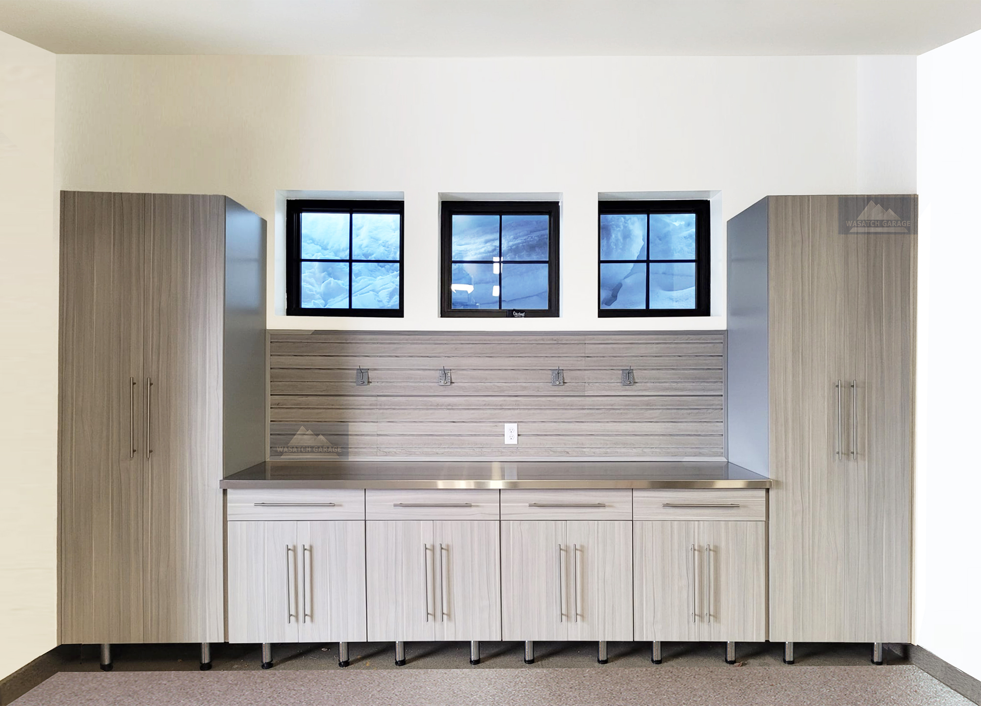 Utah-Wasatch-Garage-cabinets-gray-epoxy-floor-countertop-windows-Promontory-Luxury
