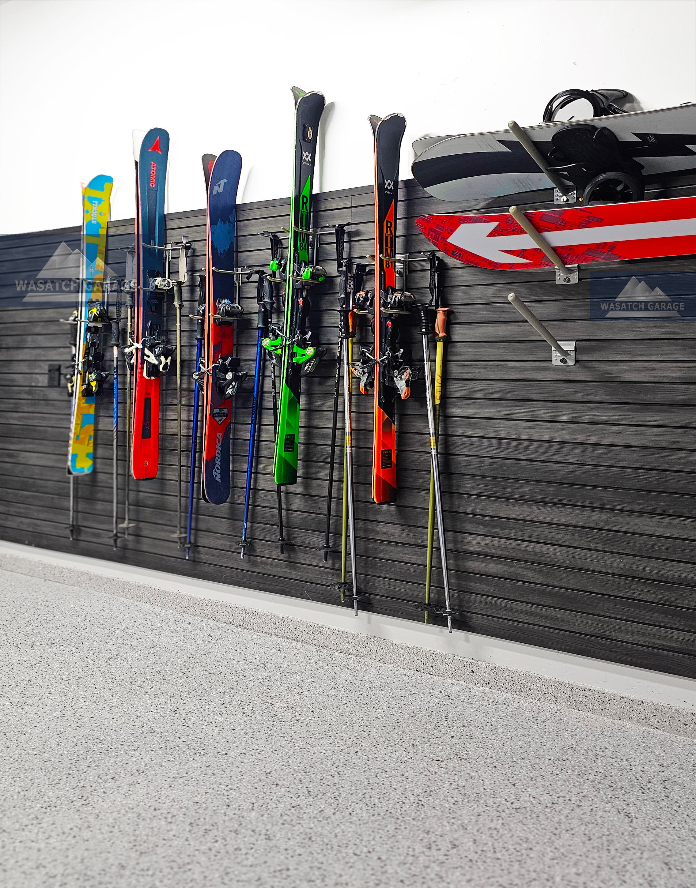 Wasatch-Garage-Utah-epoxy-wall-black-ski-snowboard-Utah-Promontory-bike-ski