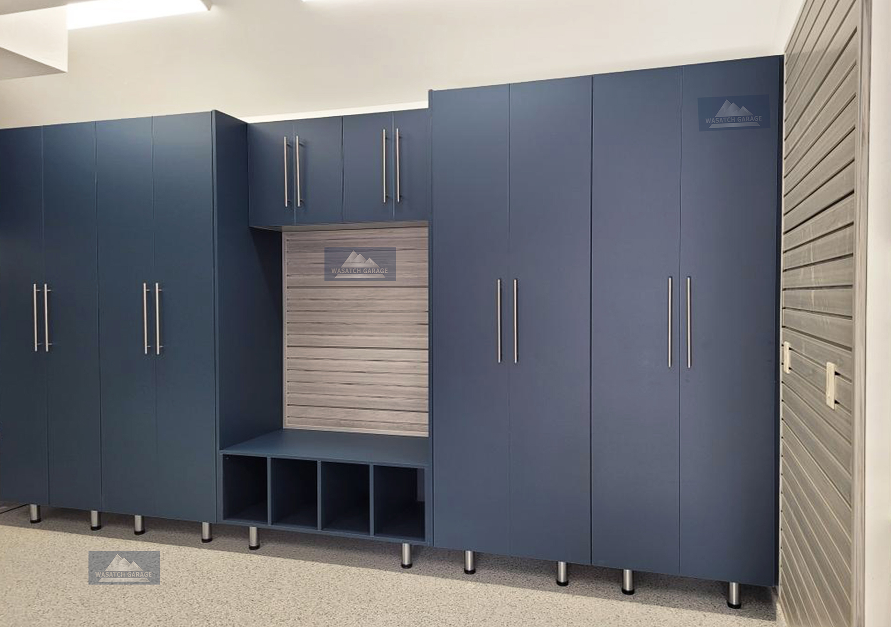 Wasatch-Park-City-Garage-Utah-Garage-blue-Luxury-wood-Cabinets-ski-helmet-boot-cabins