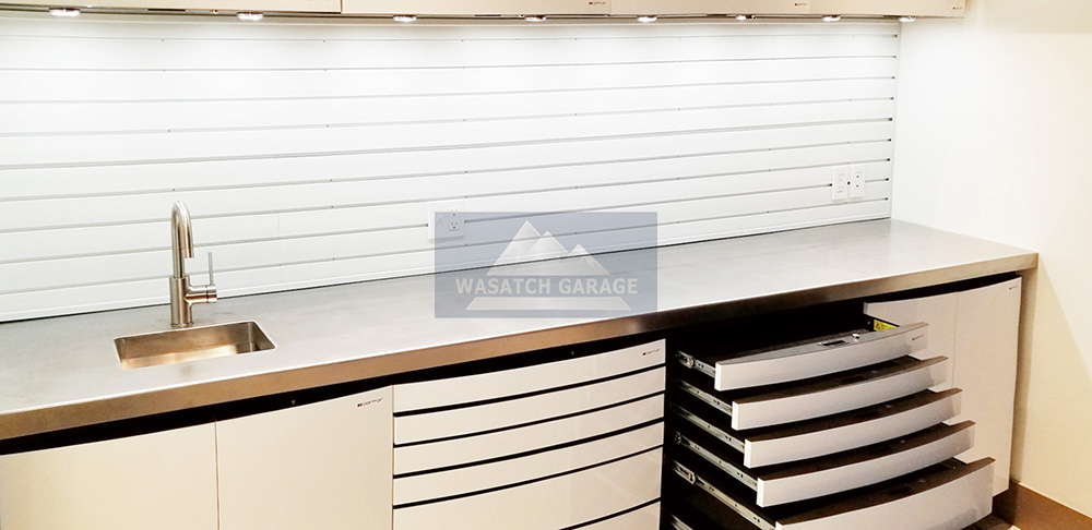 Utah-garage-chrome-sink-metal-cabinests-drawers